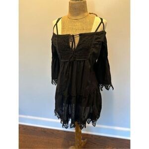 Sundress black embroidered w/crochet fringe - off shoulder -beach dress - bell s